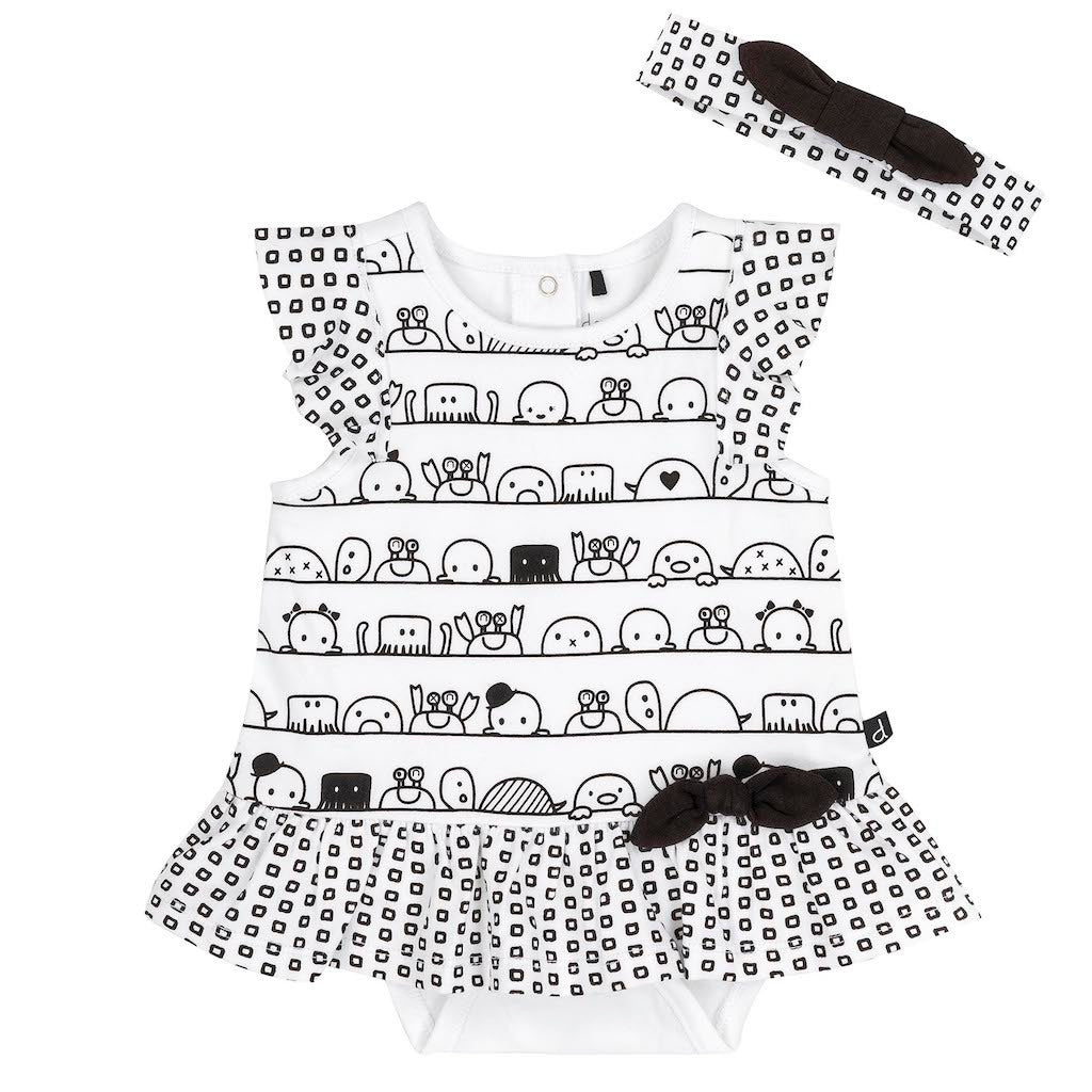 Deux Par Deux Doodle Square Print Romper Dress And Headband -a30ag142-044-