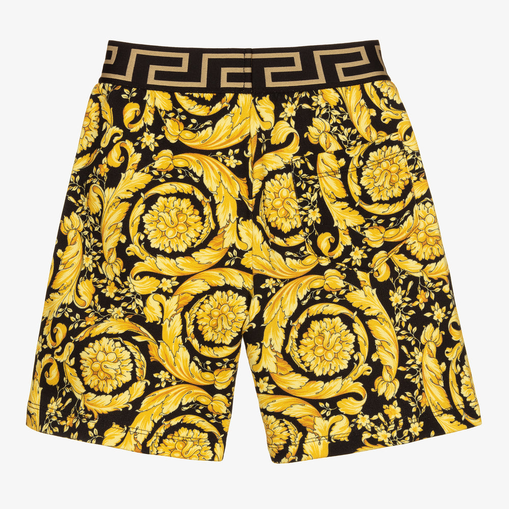 versace-1000346-1a02505-5b000-Black Barocco-Print Cotton Shorts