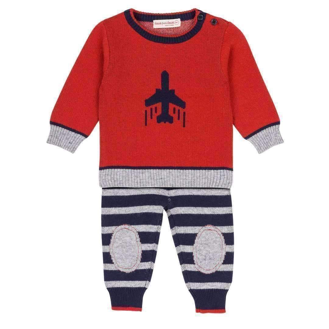 Red Airplane Two-Piece Knit Set-Outfits-Deux Par Deux-kids atelier