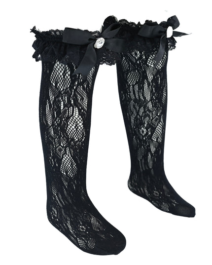 Rhinestone Lace Trim Bow Socks