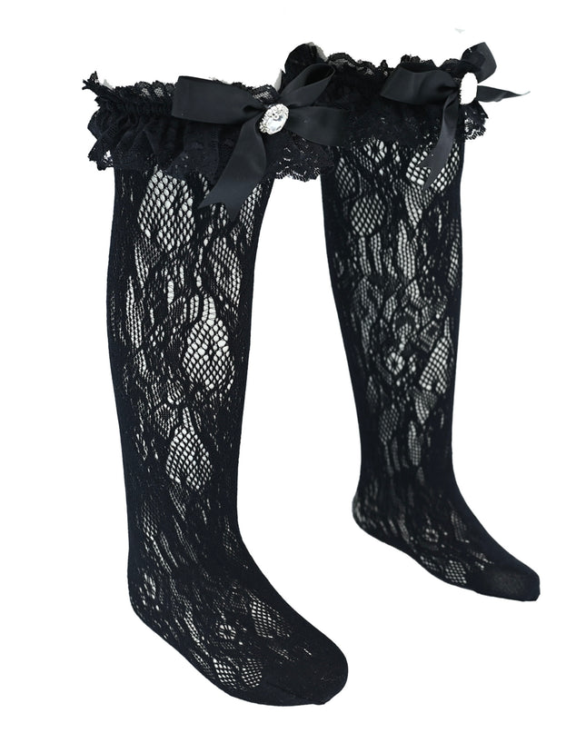 Rhinestone Lace Trim Bow Socks