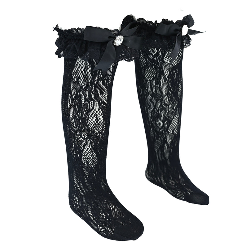 Rhinestone Lace Trim Bow Socks