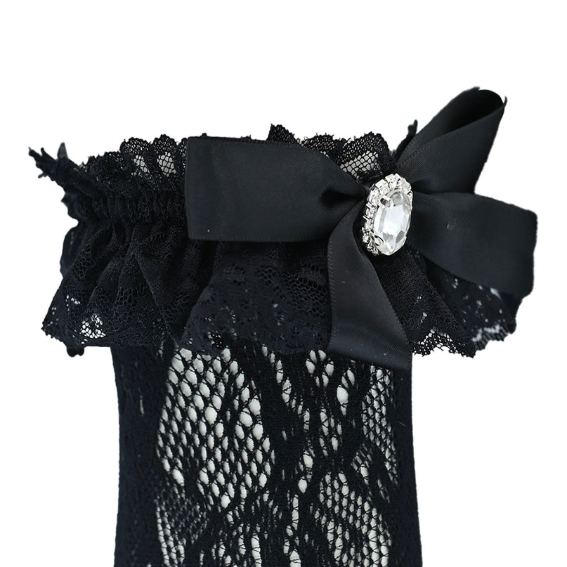 Rhinestone Lace Trim Bow Socks