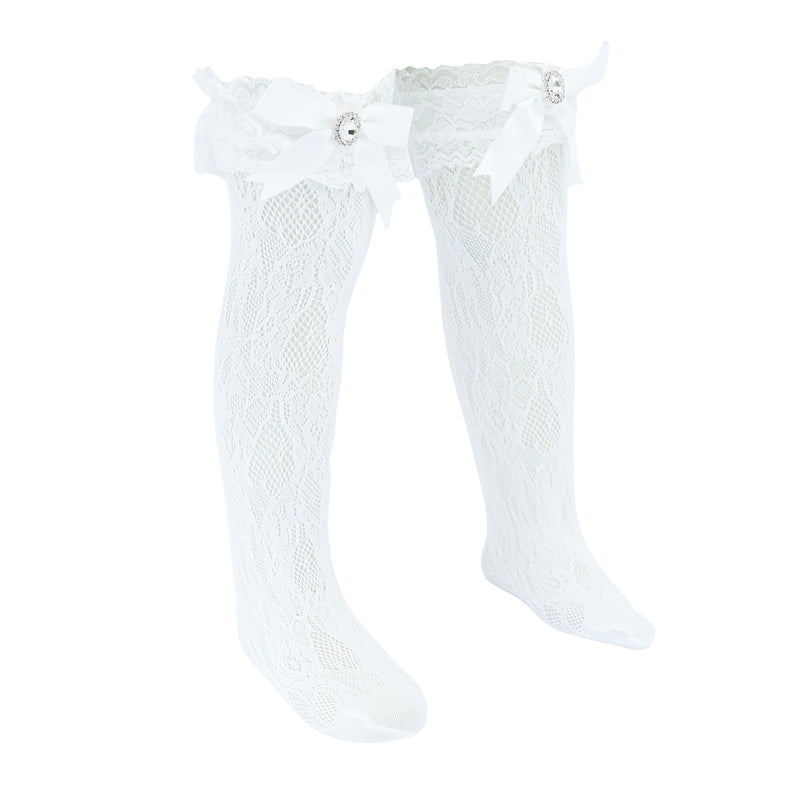 Rhinestone Lace Trim Bow Socks