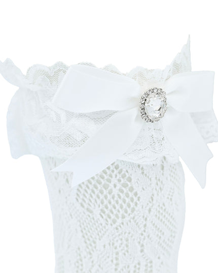 Rhinestone Lace Trim Bow Socks