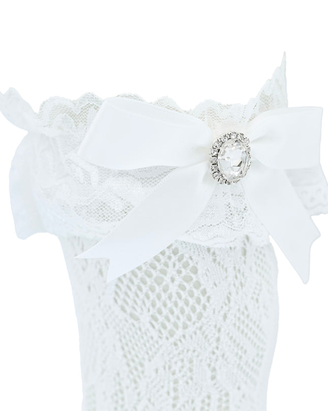 Rhinestone Lace Trim Bow Socks