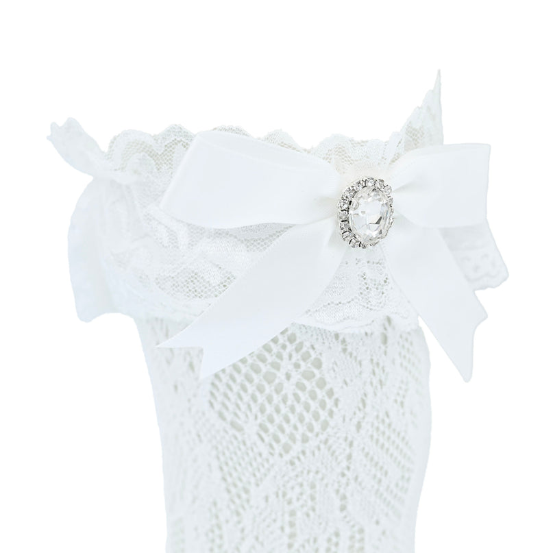 Rhinestone Lace Trim Bow Socks
