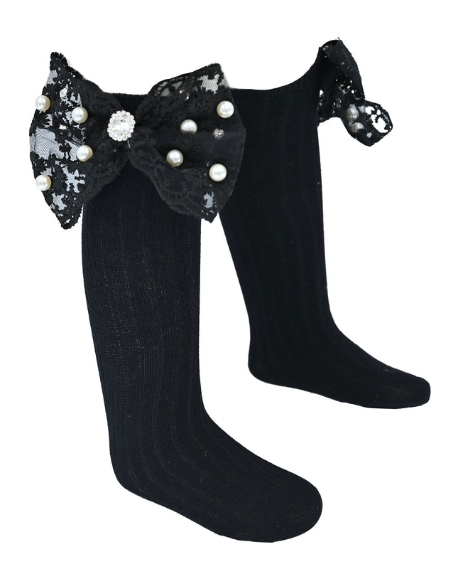 Pearl Ribbon Rhinestone Bow Socks