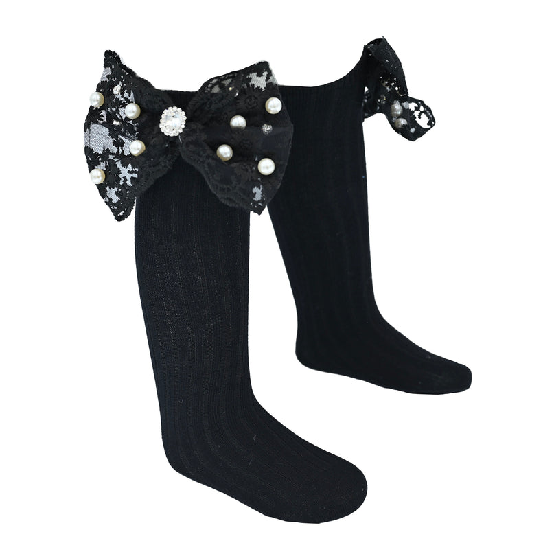 Pearl Ribbon Rhinestone Bow Socks