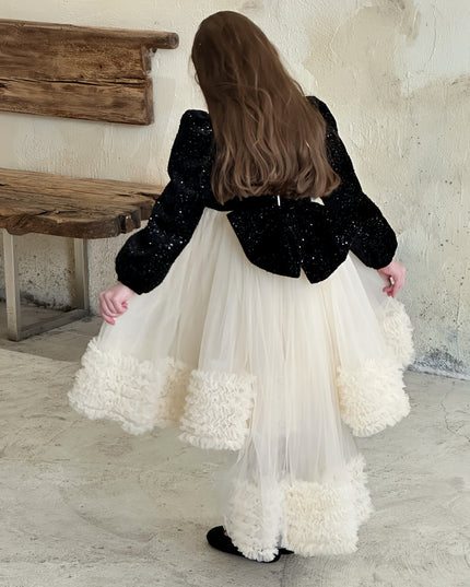 Black Glitter Bow-Back Tulle Gown