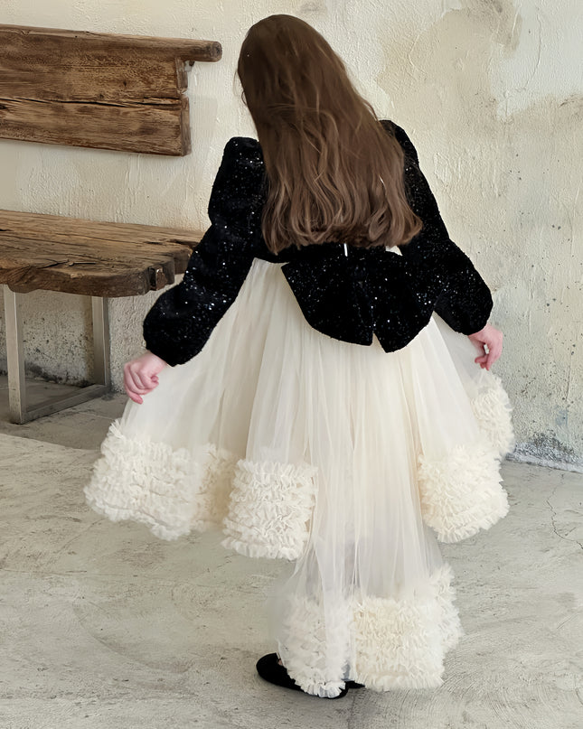 Black Glitter Bow-Back Tulle Gown