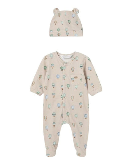Beige Air Balloon Print Babygrow & Hat