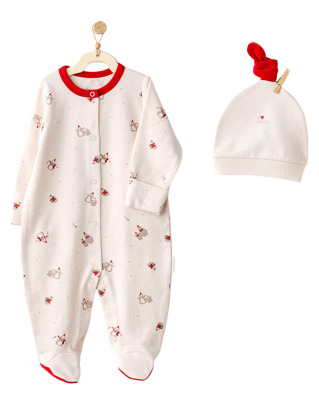 Cream Penguin Trim Babygrow & Beanie