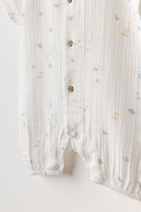 White Happy Ocean Muslin Romper