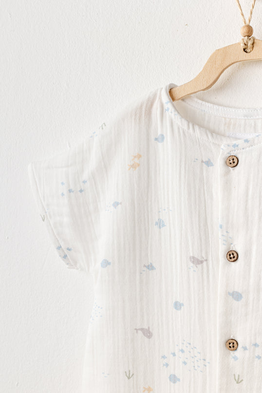 White Happy Ocean Muslin Romper
