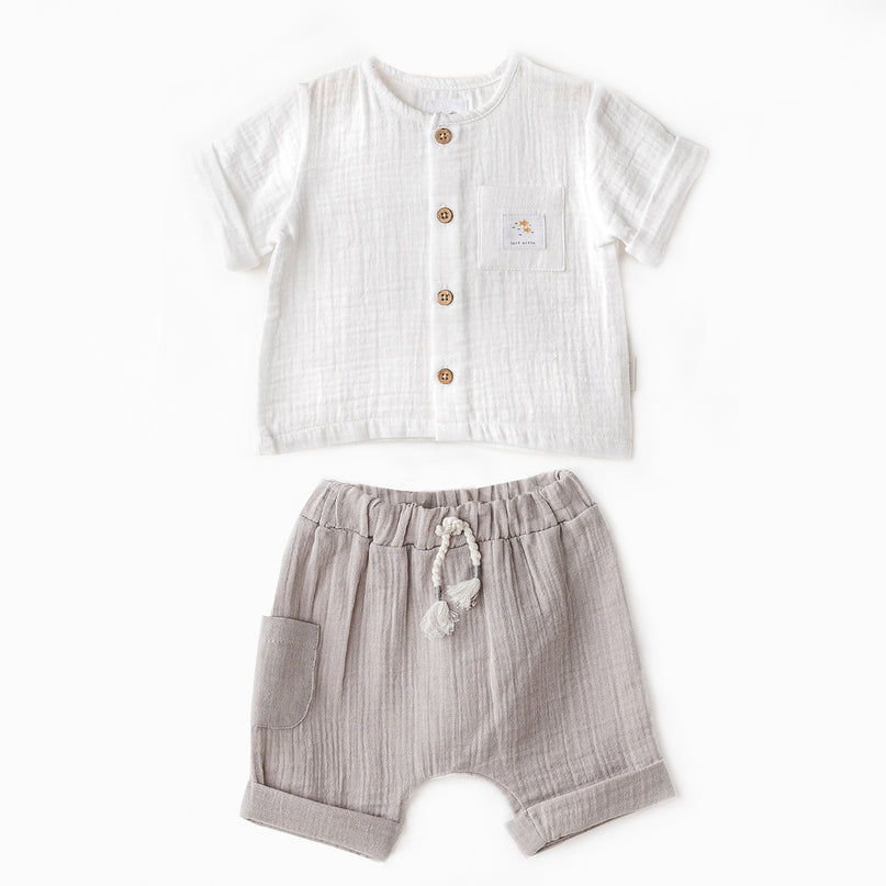 Grey Shorts Button Outfit