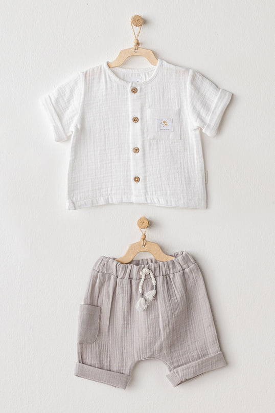Grey Shorts Button Outfit