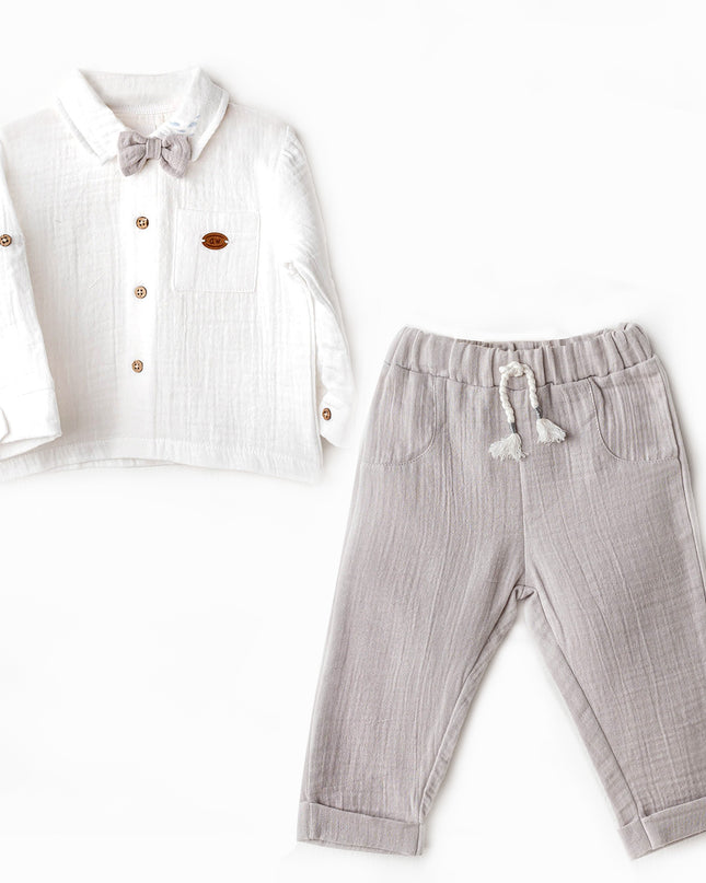 Grey Muslin Bowtie Outfit Set