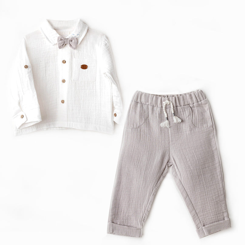 Grey Muslin Bowtie Outfit Set