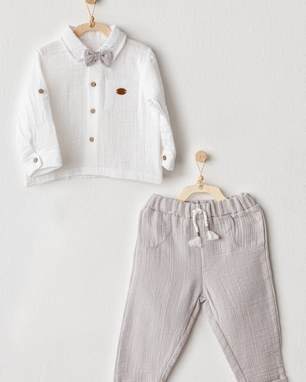Grey Muslin Bowtie Outfit Set