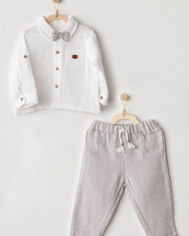 Grey Muslin Bowtie Outfit Set