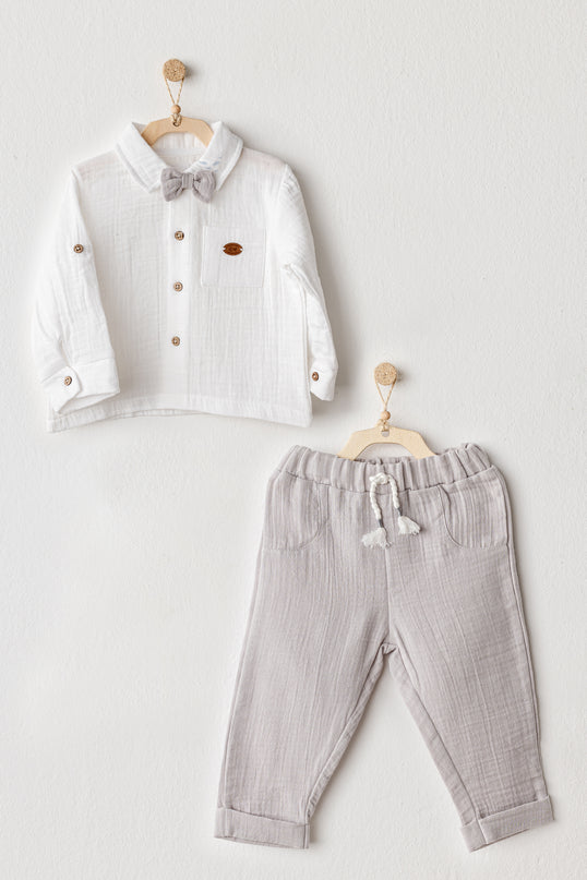 Grey Muslin Bowtie Outfit Set