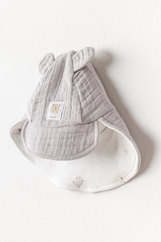Grey Happy Animals Muslin Flap Cap