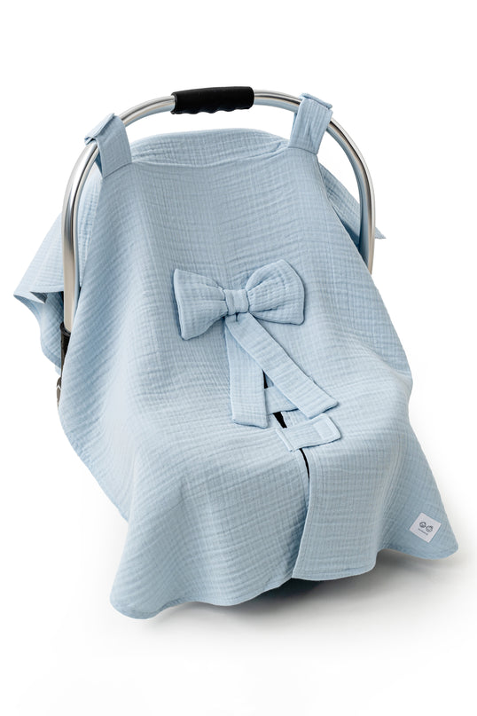 Blue Muslin Bow Car Seat Cover