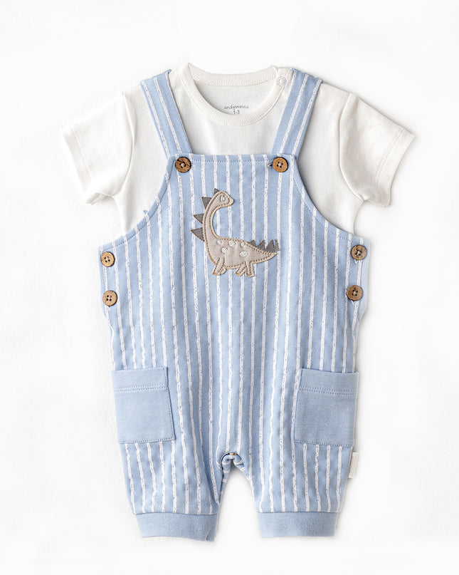 Blue Striped Dinosaur Jumpsuit Set