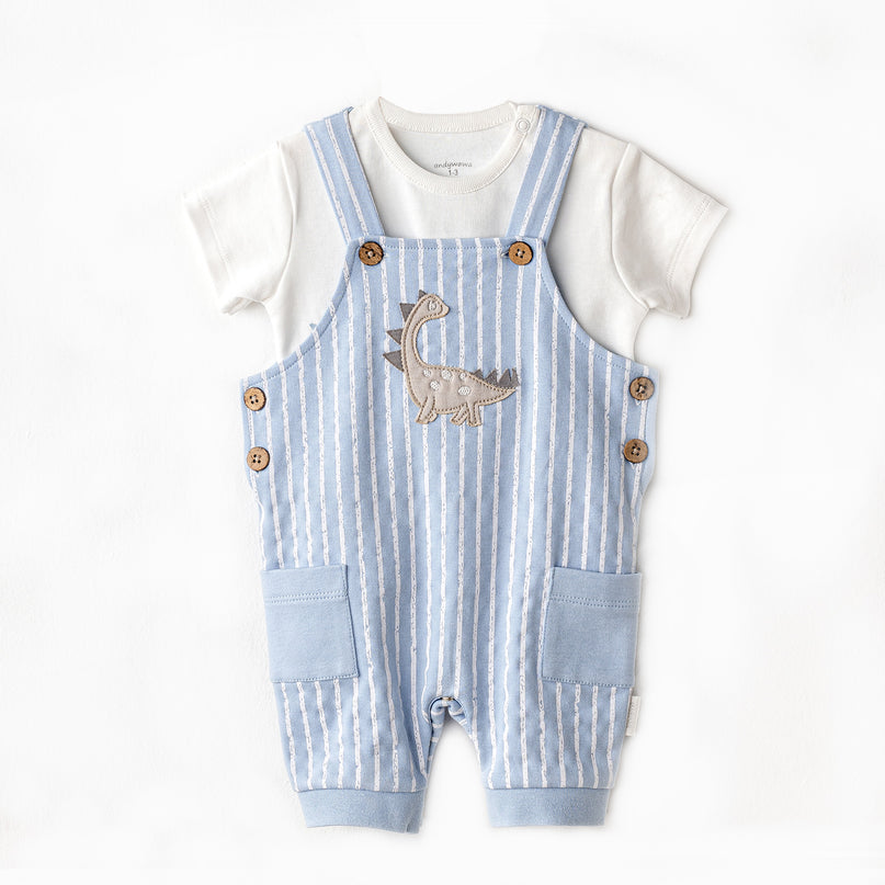 Blue Striped Dinosaur Jumpsuit Set