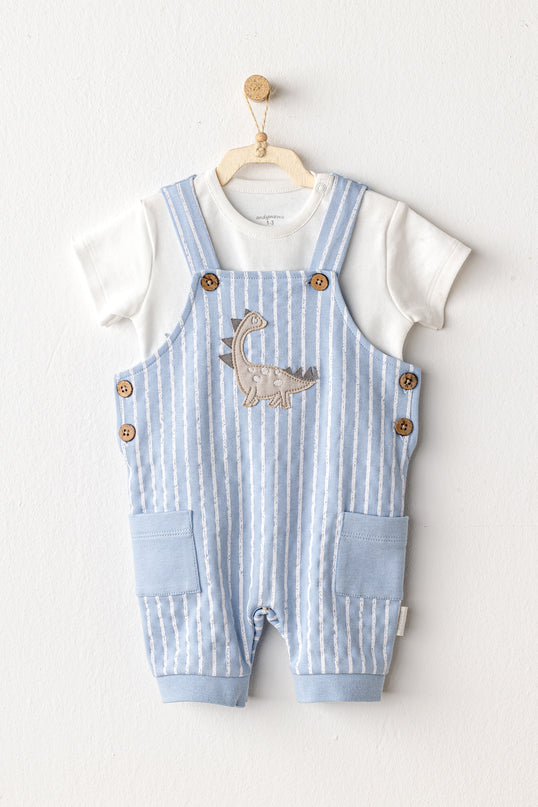 Blue Striped Dinosaur Jumpsuit Set