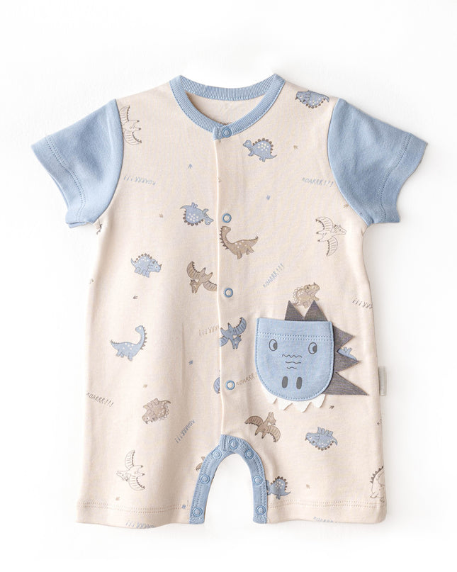 Beige Dinosaur Blue Sleeve Romper