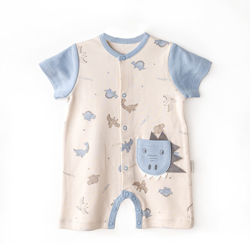 Beige Dinosaur Blue Sleeve Romper