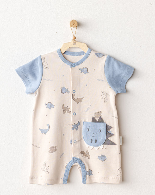 Beige Dinosaur Blue Sleeve Romper