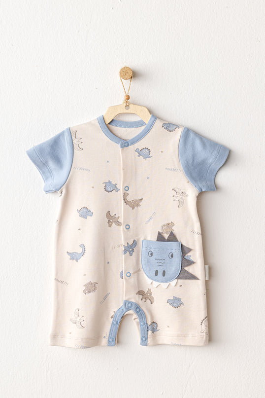 Beige Dinosaur Blue Sleeve Romper