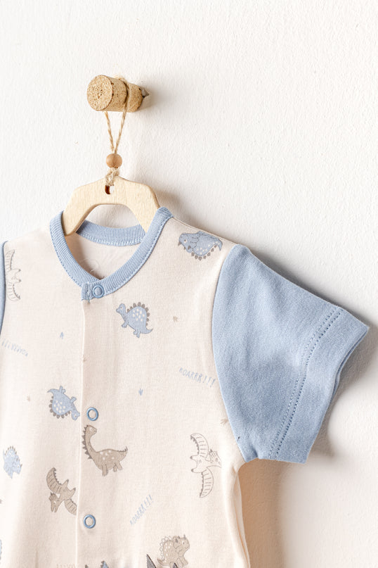 Beige Dinosaur Blue Sleeve Romper