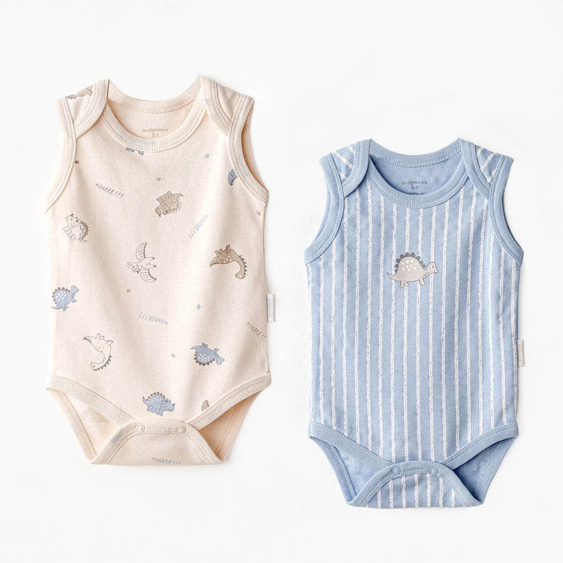 Beige and Blue Dino Bodysuits