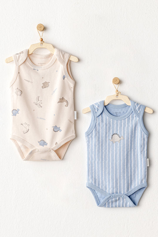 Beige and Blue Dino Bodysuits