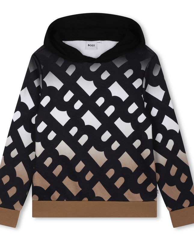 Kids Atelier Boss Black AOP Logo Hooded Sweatshirt