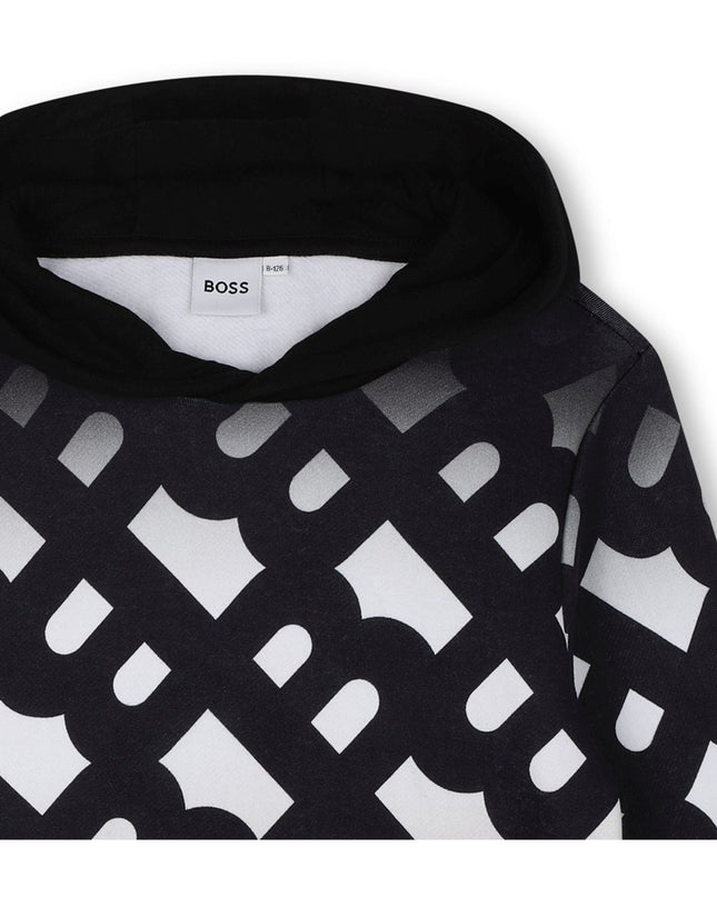 Kids Atelier Boss Black AOP Logo Hooded Sweatshirt