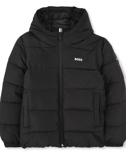 Kids Atelier Boss Black Hooded Logo Puffer Jacket