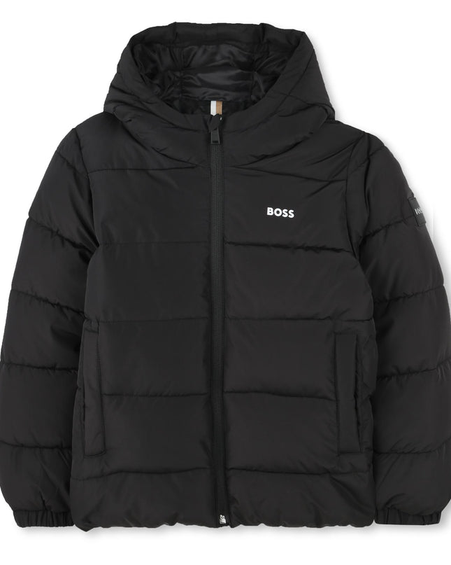 Kids Atelier Boss Black Hooded Logo Puffer Jacket