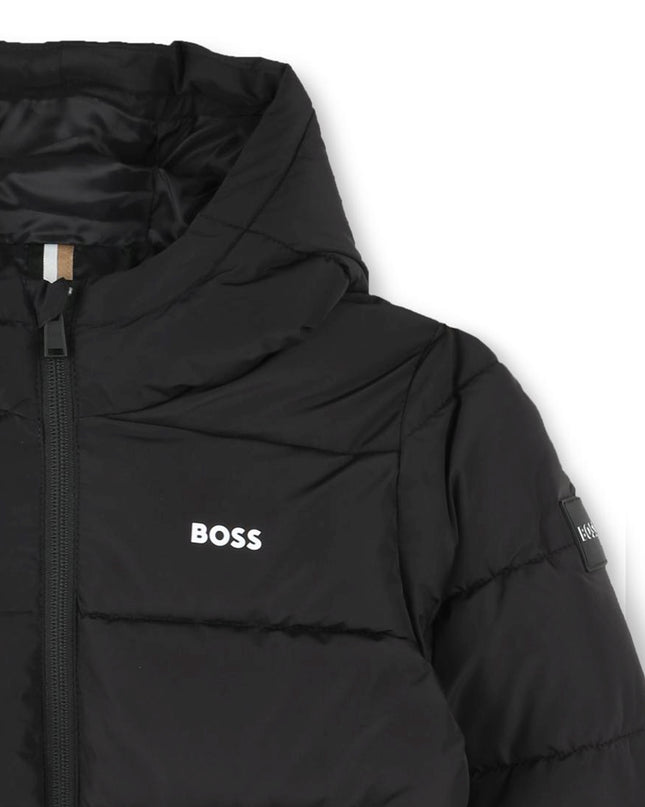 Kids Atelier Boss Black Hooded Logo Puffer Jacket