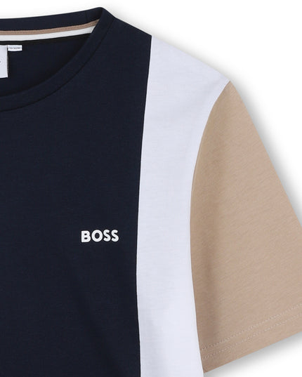 Kids Atelier-Boss-Navy Short Beige Sleeves T-Shirt