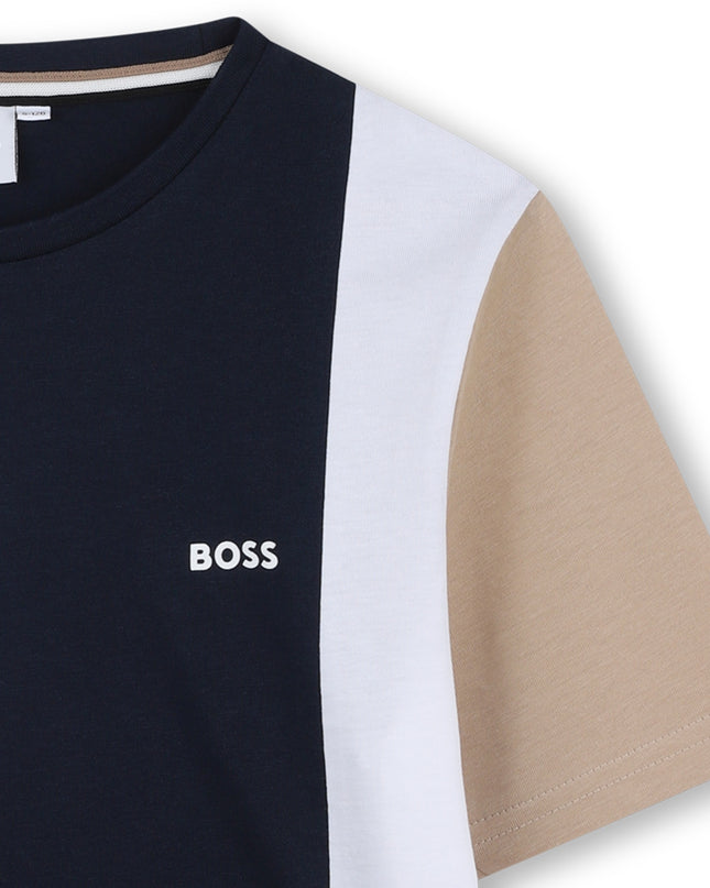 Kids Atelier-Boss-Navy Short Beige Sleeves T-Shirt