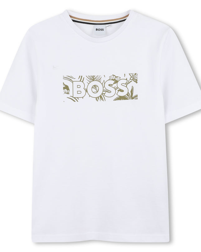 Kids Atelier-Boss-White Green Leaf Logo T-Shirt