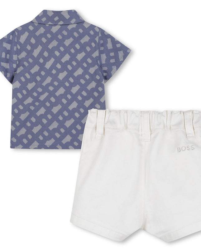 Kids atelier-Boss-Blue Jacquard Monogram Shorts Set