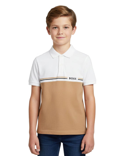 Kids Atelier-Boss-White & Beige Logo Polo Shirt
