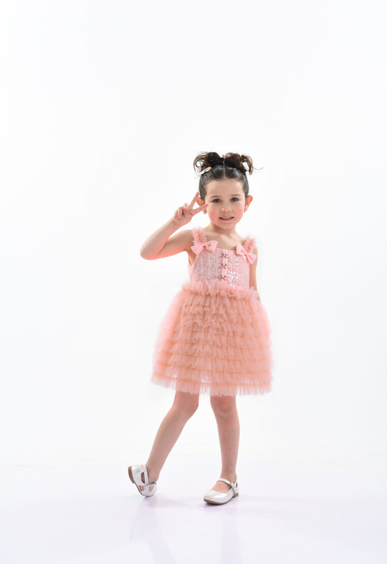 Pink Bow Tiered Tulle Dress
