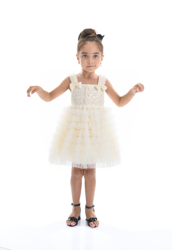 White Bow Tiered Tulle Dress